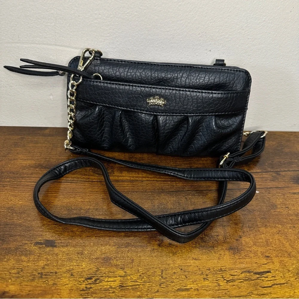 Juicy Couture Black Ruched Crossbody Wallet Purse Hot Pink Interior Crown Logo